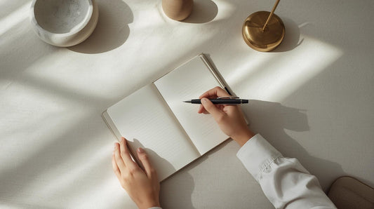 Hands holding notebook for home assessment with thoughtfully arranged objects in soft natural light on neutral linen surface