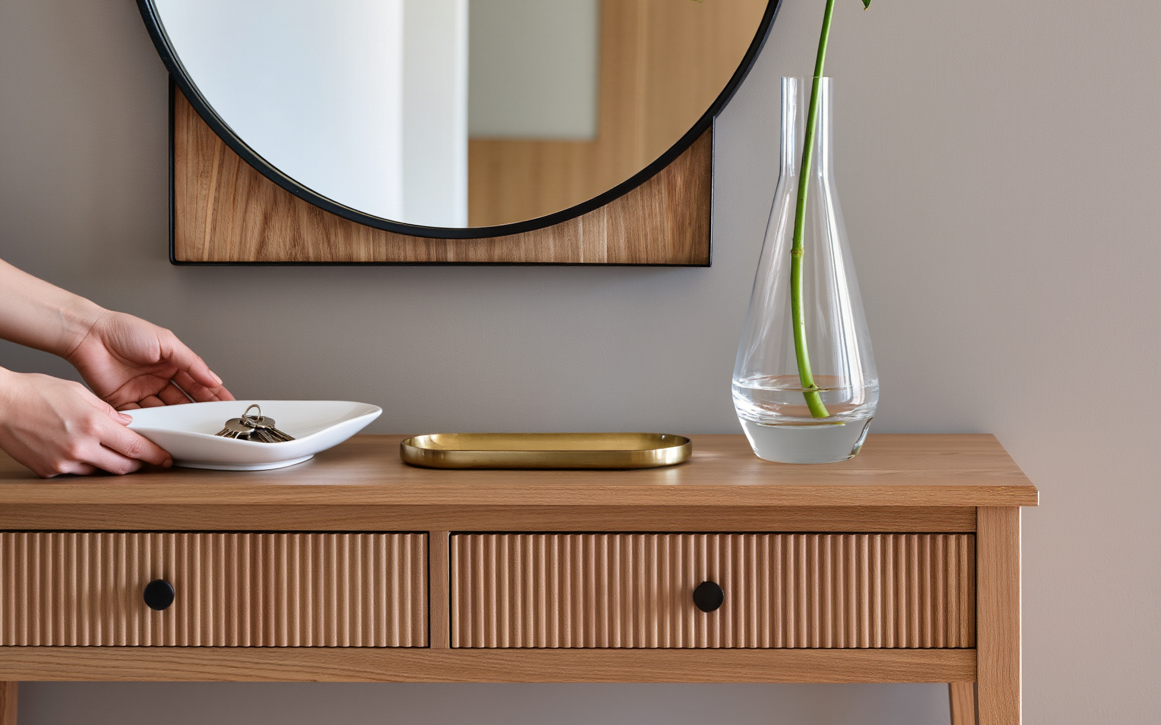 Hands thoughtfully arranging ceramic vessels and brass objects on walnut console demonstrating home editing and curation process