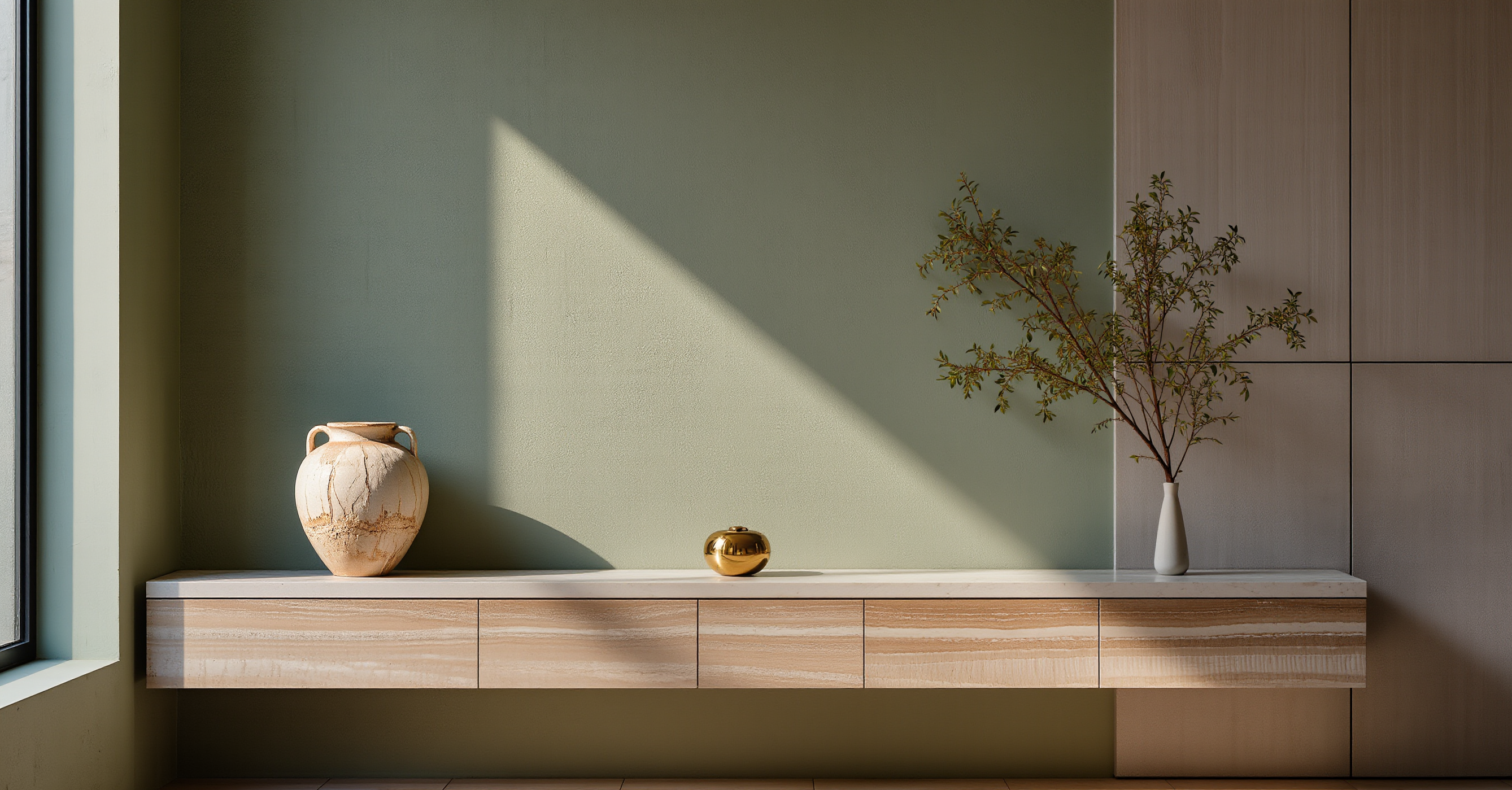 Minimalist floating shelf with sculptural ceramic vessel, brass accent, and single branch against sage green wall in natural light